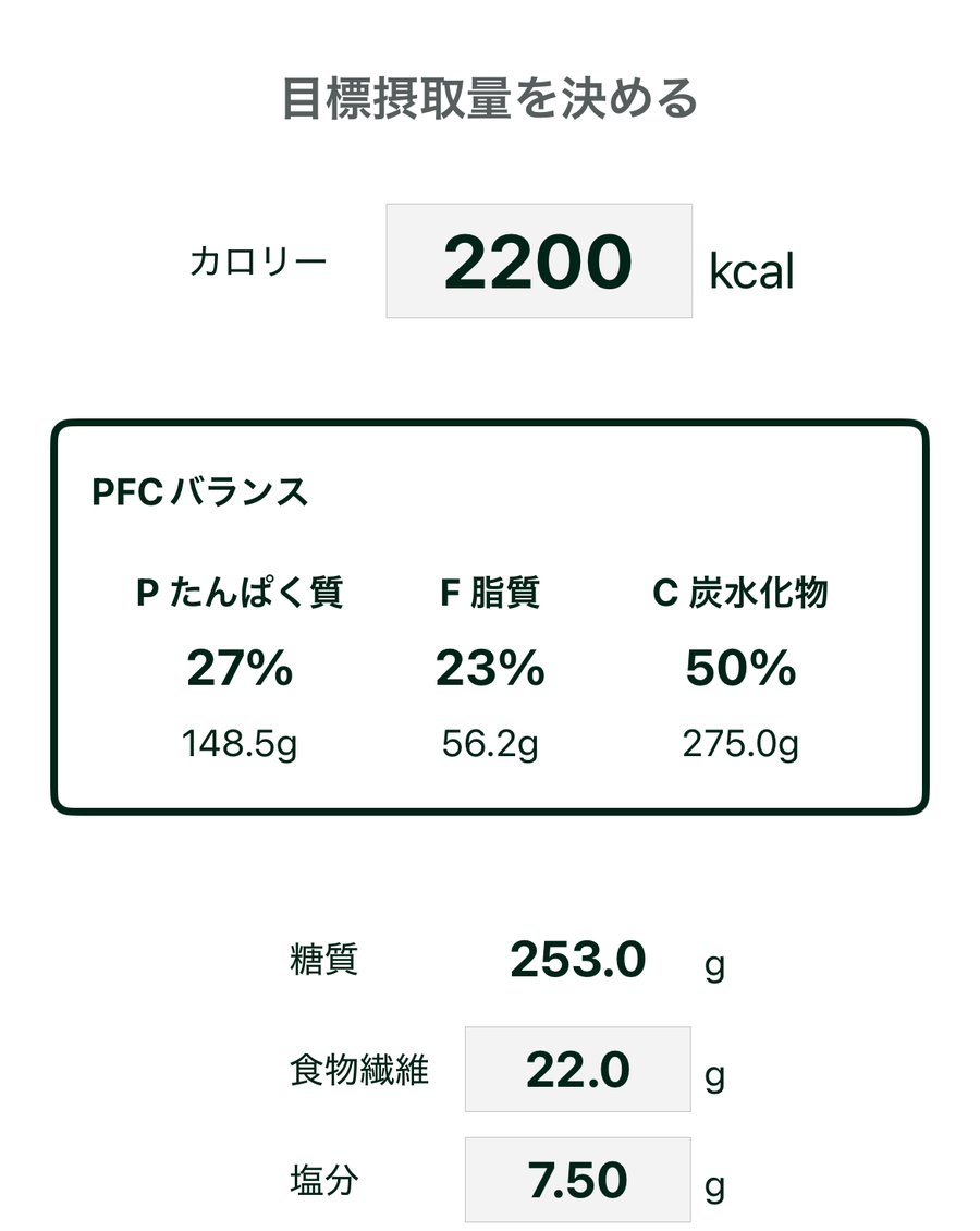 初版（2026年8月）時点の目標摂取量の入力画面。当時の設定はカロリー2,200kcal、PFCバランスはたんぱく質27%・脂質23%・炭水化物50%