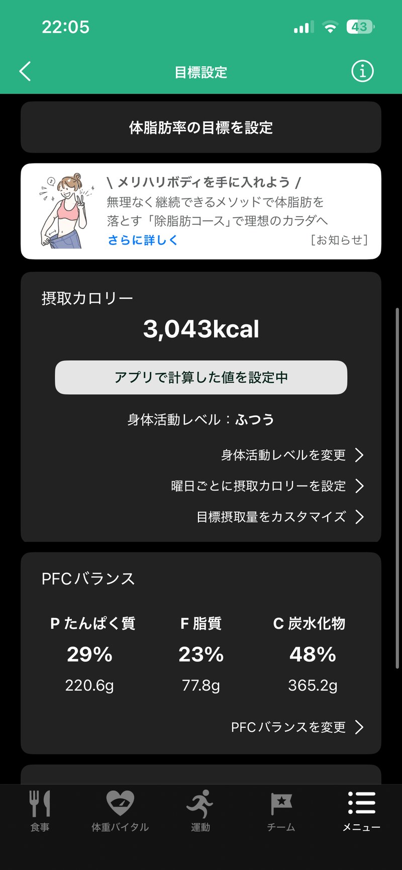 カロミルのPFCバランス画面（2026年7月）。たんぱく質220.6g・脂質77.8g・炭水化物365.2gが自動設定された