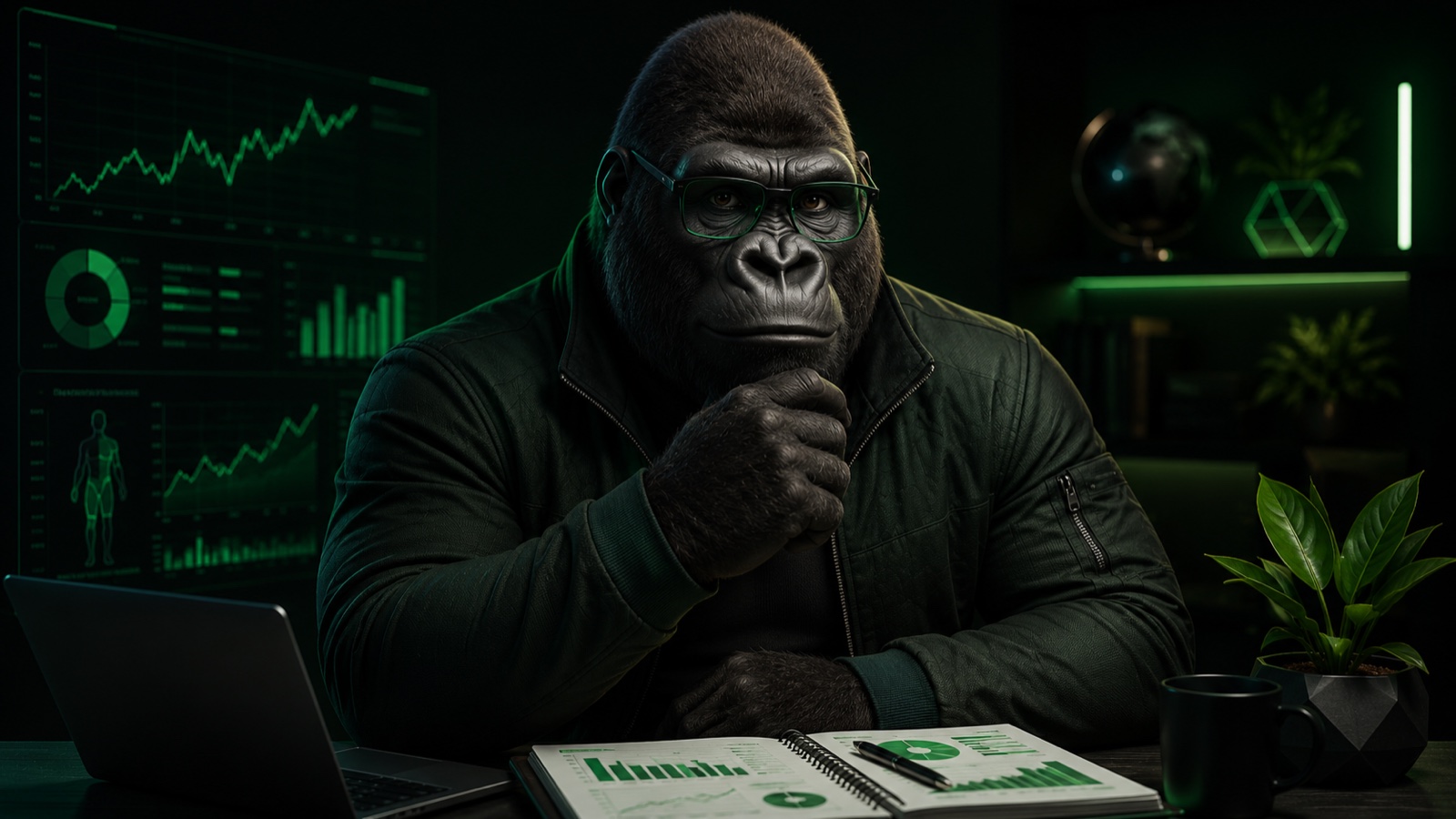 Gorilla LABO 運営者「ゴリラ博士」のイメージ。健康と資産形成の実測データを記録・検証する研究者キャラクター