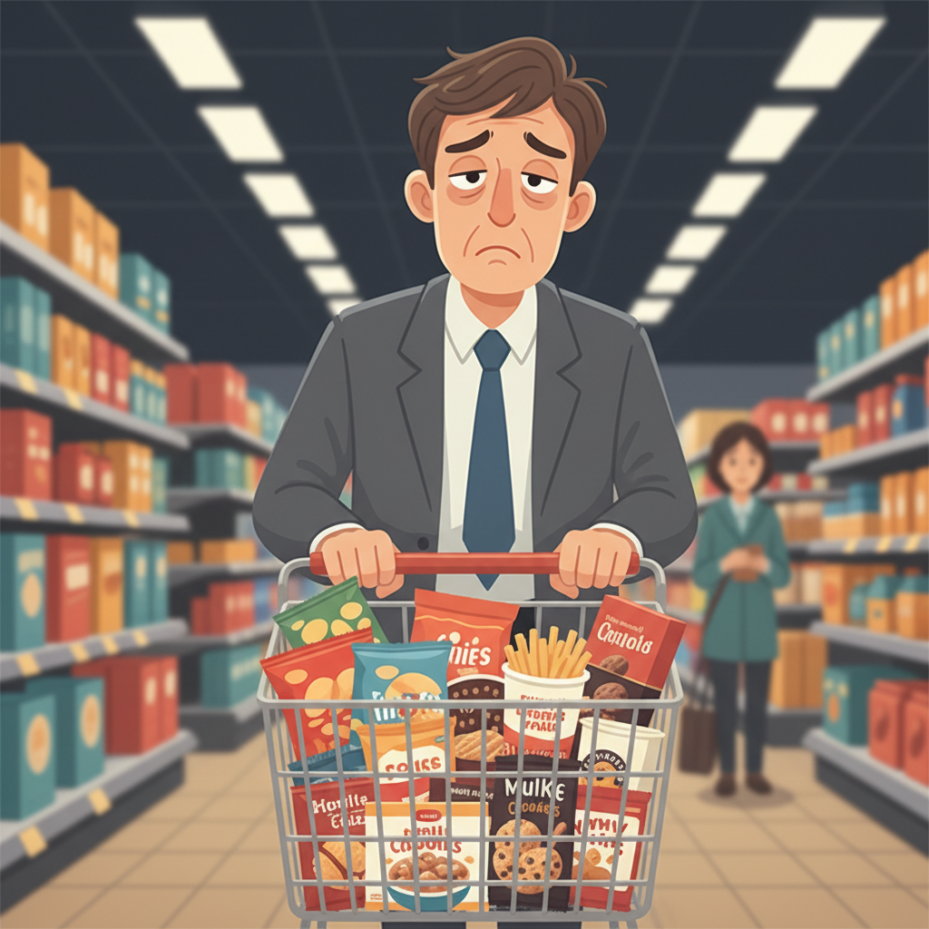 睡眠不足の会社員がスーパーで食品を買いすぎている様子